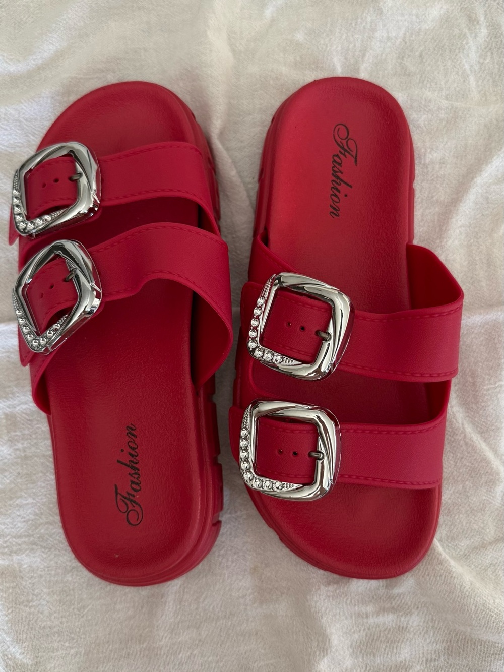 Red Rhinestone Buckle Slide Sandals